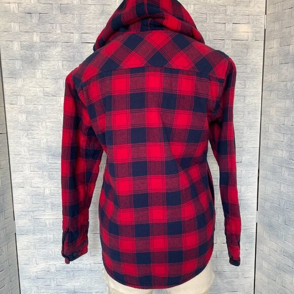 Boston Traders Flannel Shirt Jacket Womens S Red Navy Plaid Sherpa Lined Hooded - Picture 3 of 6